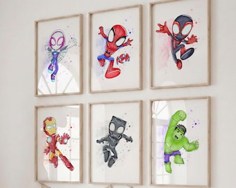 Spidey and His Amazing Friends WALL ART prints, Gallery Wall art, Set of 6 Downloadable Prints, Spidey Kids Room, Spidey poster wall decor