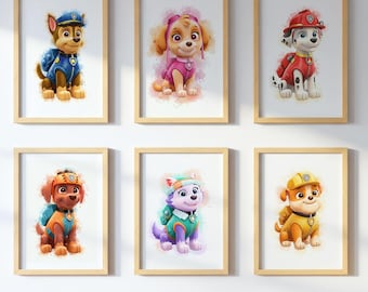 Puppy Rescue Team Wall Art Set of 6 | Watercolor Prints for Kids Room | Cute Dog Character Posters | Boys Girls Nursery Decor Digital