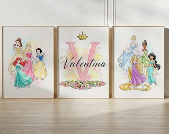 Personalized Princess Wall Art Prints, Girls Room Decor, Set of 3 Digital Download