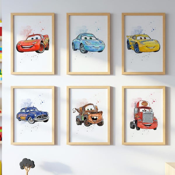 6 Lightning McQueen Cars Movie Poster Prints, Wall Art Decor, Nursery Prints, Digital Clipart Sally Carrera, Poster Tom Mater