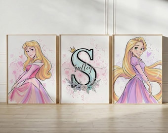 Personalized all princesses Wall Art Prints, princess Girls Room Decor, Set of 3 Digital Download