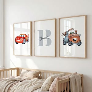 Art mural voitures personnalisées pour chambre de garçon, décoration de voitures avec prénom personnalisé, lot de 3 estampes d'art mural chambre d'enfant, décoration de chambre d'enfant voitures
