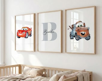 Personalisierte Autos Wandkunst für Jungenzimmer, individuelle Name Autos Dekor, 3er-Set Kinderzimmer Dekor, Kinderzimmer Dekor