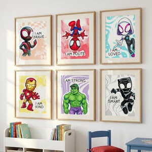 May include: Six framed art prints featuring superhero characters, each with a motivational phrase. The prints showcase Miles Morales, Spider-Man, Spider-Gwen, Iron Man, Hulk, and Black Panther, with phrases like "I AM BRAVE" and "I AM SMART."