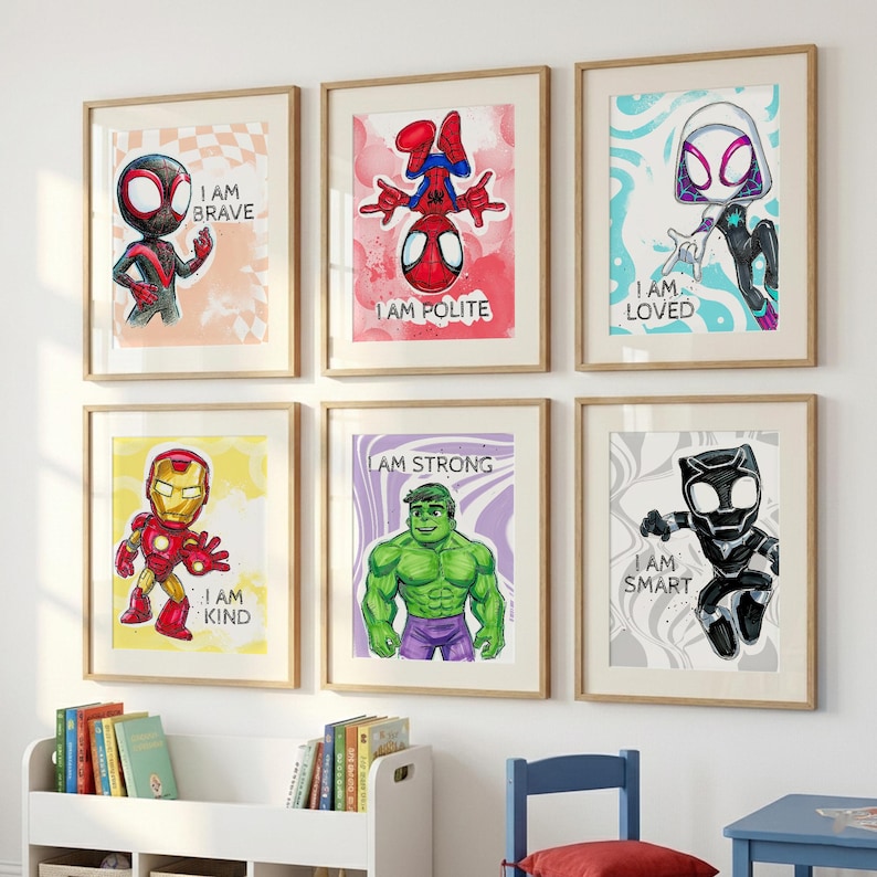 May include: Six framed art prints featuring superhero characters, each with a motivational phrase. The prints showcase Miles Morales, Spider-Man, Spider-Gwen, Iron Man, Hulk, and Black Panther, with phrases like "I AM BRAVE" and "I AM SMART."