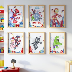 Personalisierte Spidey und seine erstaunliche Freunde WALL ART Drucke, Galerie Wandkunst, Set von 6 herunterladbare Drucke, Spidey Kinderzimmer, Spidey Dekor