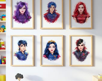 Descendants Wall Art, Evie and Mal Digital Download, Auradon Prep Nursery Decor, Printable Kids Room Art, Gift for Daughter, Movie Poster