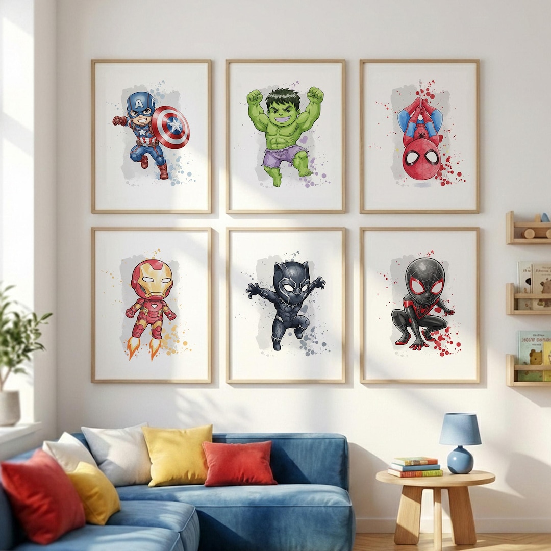 Superhero Kids Wall Art Set of 6, Boy Room Decor, Comic Hero Nursery ...