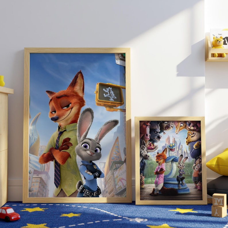 May include: Two framed prints featuring characters from the animated film "Zootopia." The larger print showcases a fox and a rabbit in a city setting. The smaller print displays a group of animal characters. Both prints are in wooden frames.