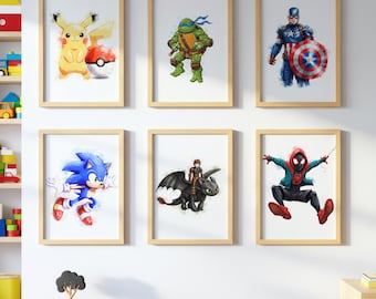 Superhero Gamer Wall Art Set, Spiderman Sonic Prints, Boys Room Decor, Captain America Poster, 6th Birthday Gift Digital Download