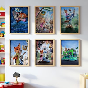 May include: Six framed Zootopia movie posters. The posters feature colorful illustrations of the characters, including Nick Wilde, Judy Hopps, and other animals. The posters are in wooden frames and are displayed on a white wall.