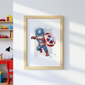 Peut inclure: Impression encadr&eacute;e repr&eacute;sentant une illustration de dessin anim&eacute; de Captain America. Le personnage porte un costume bleu et rouge et tient un bouclier avec une &eacute;toile blanche. L'&oelig;uvre est sur fond bleu clair.