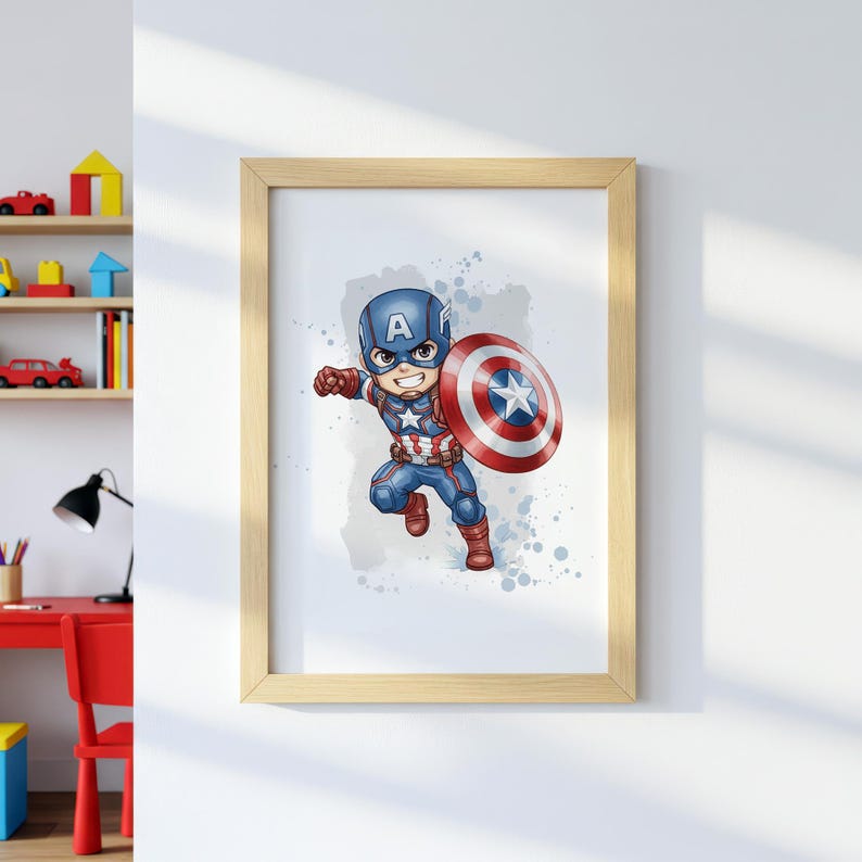 Peut inclure: Impression encadr&eacute;e repr&eacute;sentant une illustration de dessin anim&eacute; de Captain America. Le personnage porte un costume bleu et rouge et tient un bouclier avec une &eacute;toile blanche. L'&oelig;uvre est sur fond bleu clair.