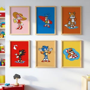 Sonic Pop Art Prints, Retro Gamer Wall Decor, Y2K Hedgehog Poster Set, Modern Boys Room Art | Digital Download