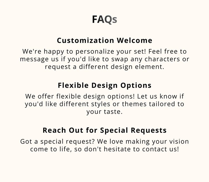Pode incluir: Gr&aacute;fico creme com o t&iacute;tulo "FAQs" em fonte escura. Abaixo, o texto diz "Customization Welcome", "Flexible Design Options" e "Reach Out for Special Requests", cada um seguido de uma breve descri&ccedil;&atilde;o.