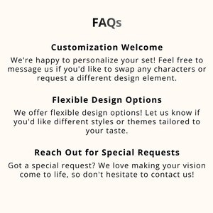 May include: Cream-colored graphic with the title "FAQs" and three sections: "Customization Welcome," "Flexible Design Options," and "Reach Out for Special Requests." Each section includes a brief description of the service.