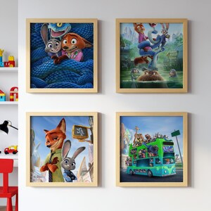 May include: Four framed art prints featuring characters from the animated film Zootopia. The prints showcase scenes with Judy Hopps, Nick Wilde, and other characters. The frames are light wood, and the artwork is colorful and detailed.