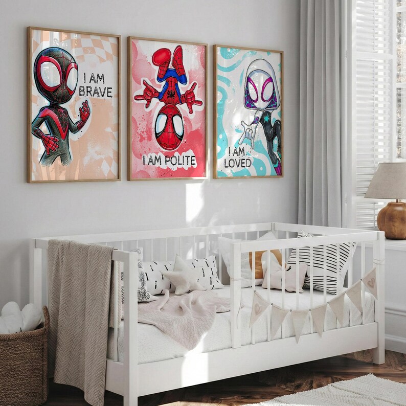 May include: Three framed art prints featuring Spider-Man characters. Each print has a different character with the phrases "I AM BRAVE", "I AM POLITE", and "I AM LOVED". The artwork has a watercolor style with vibrant colors and a wooden frame.