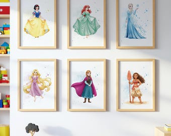 Väggkonstset med prinsessor, dekor till flickrum med prinsessfilmer, barnrumstavlor med Frost-systrarna, Elsa Anna Vaiana-affisch | Digital nedladdning