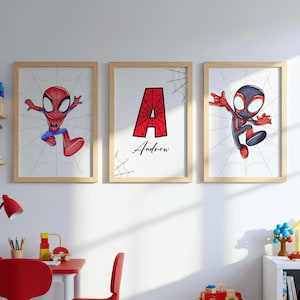 Spiderman Themed Wall Art Prints Set of 3 Nursery Decor Superhero Custom Print Toddler Boy Digital Posters Personalized Name Boys Room Decor