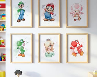 Super Mario WALL ART prints, Gallery Wall art, Set of 6 Downloadable Prints, Super Mario movie, Kids Room, Mario Movie poster wall decor