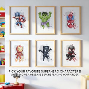Peut inclure: Six encadrements d'art de super-h&eacute;ros. Les impressions pr&eacute;sentent Captain America, Hulk, Spider-Man, Iron Man, Black Panther et Miles Morales. Le texte en bas se lit: CHOISISSEZ VOS PERSONNAGES DE SUPER-H&Eacute;ROS PR&Eacute;F&Eacute;R&Eacute;S! ENVOYEZ-NOUS SIMPLEMENT UN MESSAGE AVANT DE PASSER VOTRE COMMANDE.