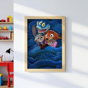 May include: A framed print featuring characters from the animated movie Zootopia. The artwork depicts Judy Hopps, Nick Wilde, and a blue snake against a textured blue background. The frame is a light wood color.