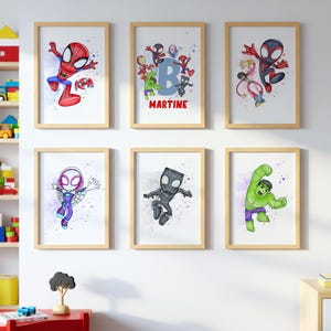 Láminas de arte mural personalizables de Spidey y sus increíbles amigos, juego de 6 láminas descargables, decoración de pared con póster de Spidey para habitación infantil.