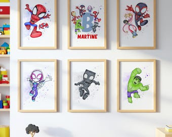 Personalizable Spidey and His Amazing Friends WALL ART prints, Set of 6 Downloadable Prints, Spidey Kids Room, Spidey poster wall decor
