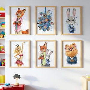 May include: Six framed art prints featuring characters from the animated film "Zootropolis." The prints showcase watercolour illustrations of a fox, a rabbit, a gazelle, a bear, and other characters, all in a cartoon style. The frames are a light wood colour.