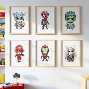 Superhero Wall Art Set of 6 | Cute Chibi Avengers Posters | Boys Room Decor | Spiderman Hulk Iron Man Thor Flash Captain America Prints