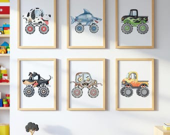 Monster Truck WALL ART prints, Gallery Wall art, Set of 6 Downloadable Prints, Monster Truck Kids wall decor Room, Truck posters wall decor