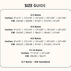 May include: A size guide chart with text in black font on a cream background. The guide lists print sizes in inches and centimeters for 2:3, 3:4, 4:5, 11:14, and 5:7 ratios. Inch sizes range from 8"x10" to 24"x36". Centimeter sizes range from 20x25 cm to 61x91 cm.