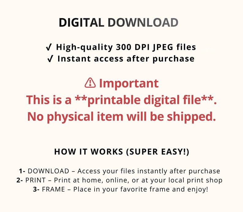 May include: A digital download graphic with the text "DIGITAL DOWNLOAD" and instructions for accessing and printing the files. The text emphasizes that it is a printable digital file and no physical item will be shipped.