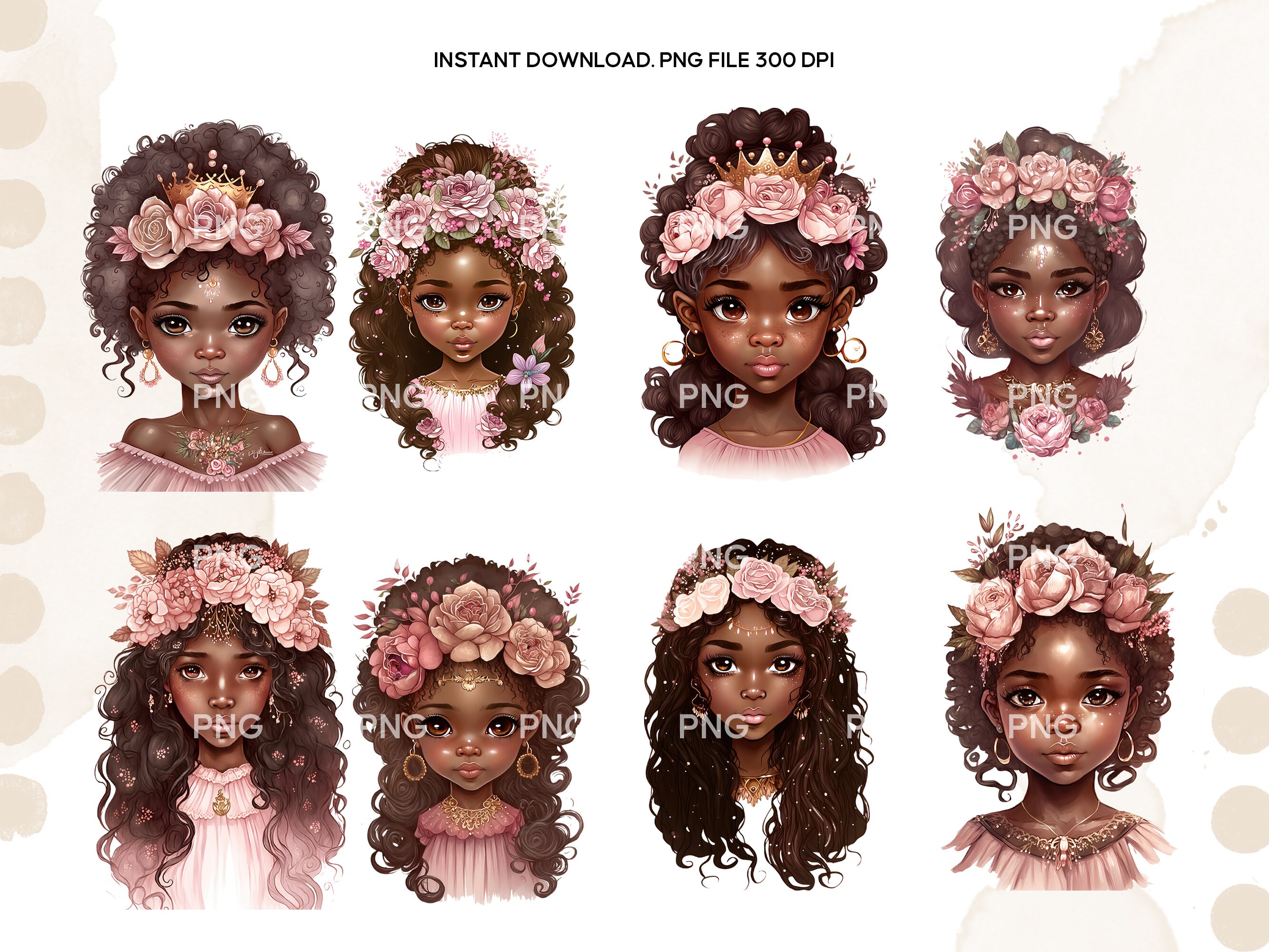 Watercolour Black Girls Bundle, Little Black Girl PNG Clipart Bundle ...