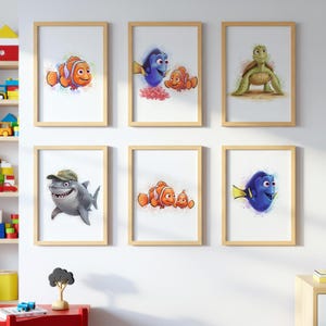 Findet Nemo Wandkunst 6 des Aquarell-Sets mit dem niedlichen Nemo und Dory, perfekt für Kinderzimmer und kreative Spielräume