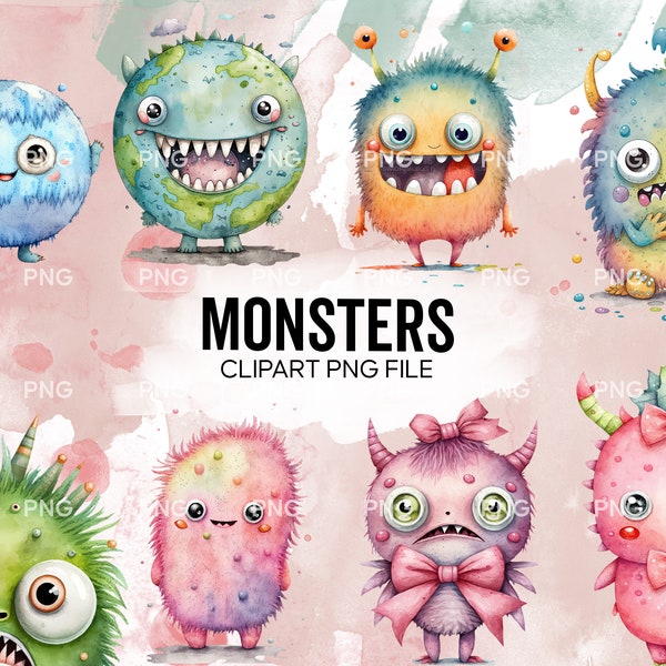 9 Niedliche Kleine MONSTER Clipart mit Aquarell Illustration || BA131