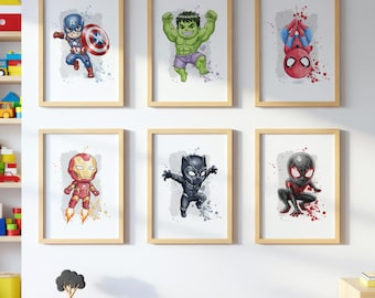 Superhero Wall Art Prints Set of 6 | Captain America Hulk Spider-Man Iron Man Black Panther Miles Morales | Kids Room Decor Posters