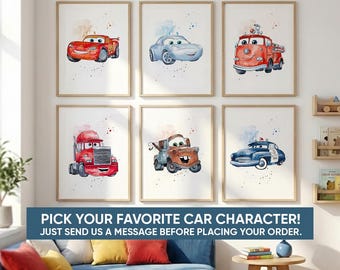 ライトニング・マックィーン ウォールアート 6点セット | 車のプリント | 車のウォールアート | 男の子の部屋の装飾 | デジタルウォールアート サリー・カレラ、トム・メーター