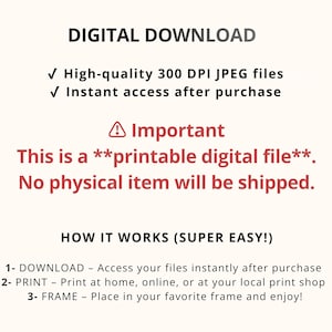 Pode incluir: Um gr&aacute;fico creme com o texto "DOWNLOAD DIGITAL" e informa&ccedil;&otilde;es sobre o produto. Destaca arquivos JPEG de alta qualidade e acesso instant&acirc;neo. Tamb&eacute;m afirma que &eacute; um arquivo digital imprim&iacute;vel e nenhum item f&iacute;sico ser&aacute; enviado.