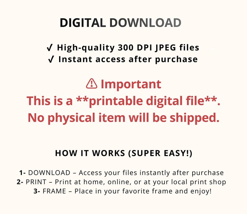Pode incluir: Um gr&aacute;fico creme com o texto "DOWNLOAD DIGITAL" e informa&ccedil;&otilde;es sobre o produto. Destaca arquivos JPEG de alta qualidade e acesso instant&acirc;neo. Tamb&eacute;m afirma que &eacute; um arquivo digital imprim&iacute;vel e nenhum item f&iacute;sico ser&aacute; enviado.