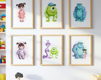 Monster Inc wall art Set of 6, Sully, Mike, and Boo Nursery Decor, Playroom Poster, Kids Room Printable Art, Digital Download