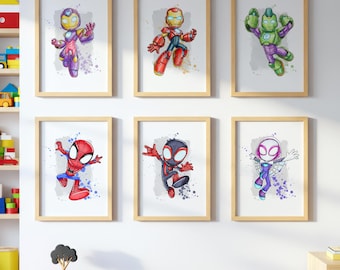 Superhero WALL ART prints, Set of 6 Iron Man and Spidey, Boys wall art | Little Boys Bedroom Decor, Superhero wall decor