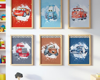 6 impresiones de pósteres de la película Cars de Rayo McQueen, pósteres, decoración de pared, impresiones para guardería, imágenes prediseñadas digitales, póster de Sally Carrera, Tom Mater
