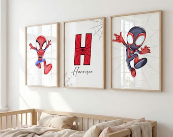 Custom Spiderman Wall Art Prints Set of 3 Nursery Decor Spidey Prints, Toddler Boy, Digital Posters Personalized Name Boys Room Decor
