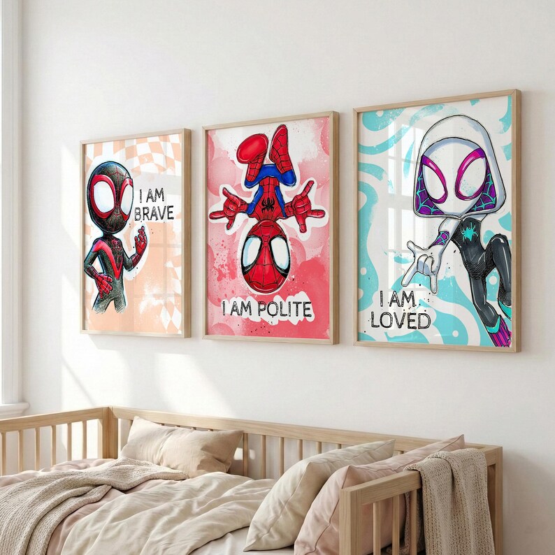 May include: Three framed superhero art prints. The prints feature Spider-Man characters with the phrases "I AM BRAVE", "I AM POLITE", and "I AM LOVED". The artwork has a watercolor style with vibrant colors and bold outlines.