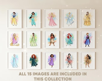 May include: Fifteen framed watercolor prints of Disney princesses, each in a white frame. The princesses are depicted in their iconic outfits, set against colorful watercolor backgrounds. The text "ALL 15 IMAGES ARE INCLUDED IN THIS COLLECTION" is at the bottom.