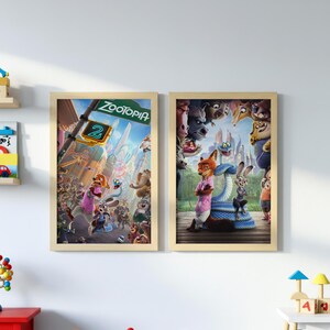 May include: Two framed Zootopia movie posters. The left poster features a street sign that reads "Zootopia 2". The right poster shows Nick Wilde and Judy Hopps with a blue snake.