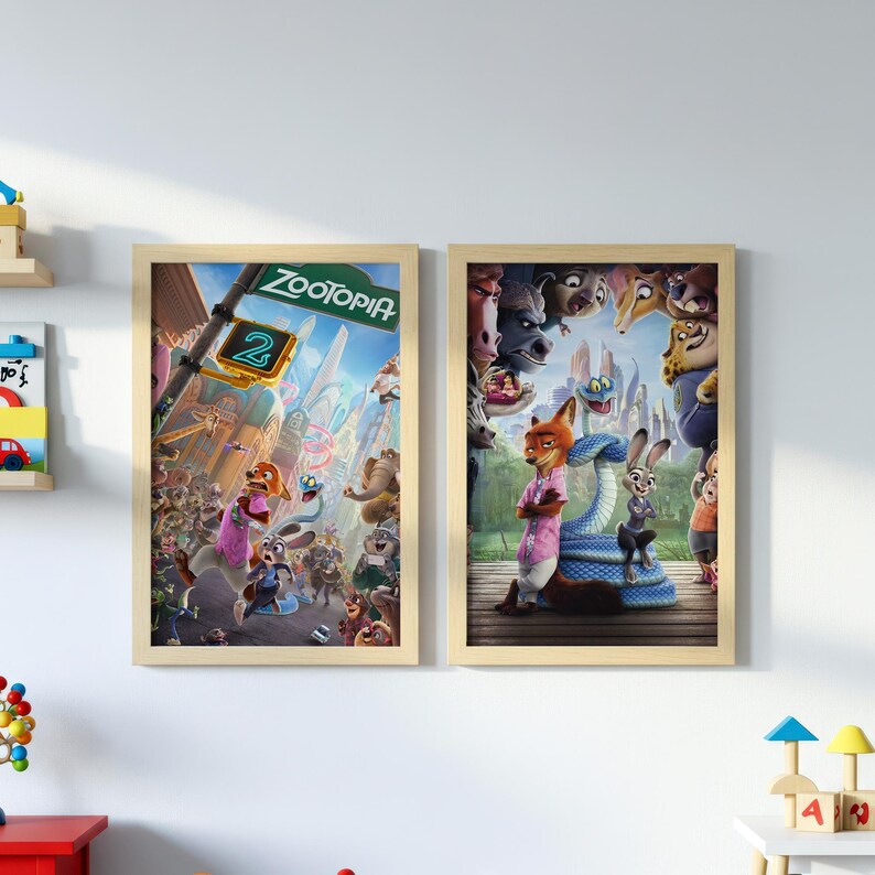 May include: Two framed Zootopia movie posters. The left poster features a street sign that reads "Zootopia 2". The right poster shows Nick Wilde and Judy Hopps with a blue snake.