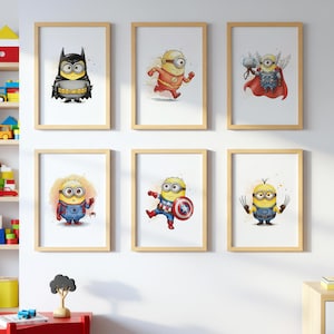 Superhero Minions Wall Art Set of 6 | Kids Boys Room Decor | Superhero Posters Digital Prints | Avengers Thor Captain America